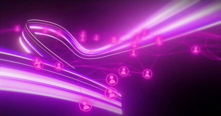 Image of network of connections with people icons over light trails