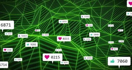 Image of network of connections with numbers and icons over green mesh