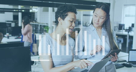 Naklejka premium Image of financial data processing over diverse business people in office