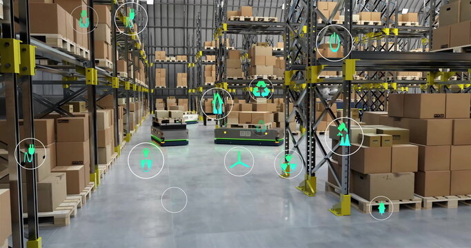 Image of ecology icons over machines in warehouse - Powered by Adobe