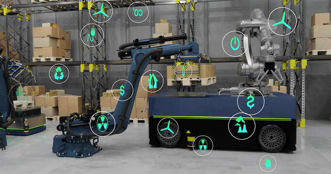 Image of ecology icons over machines in warehouse - Powered by Adobe