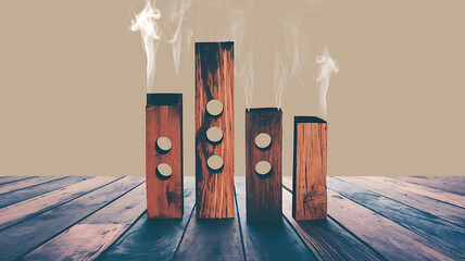 Smoky brown wooden blocks with white smoke on wooden floor, rustic and vintage,  industrial and grunge,  abstract concept of  urban decay. 
