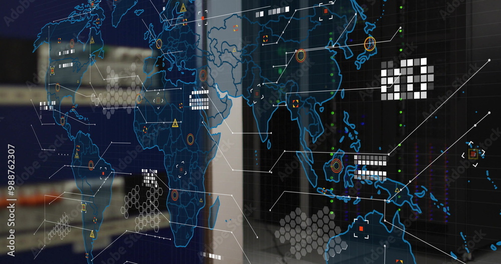 Poster world map with data points and network connections image over office background
