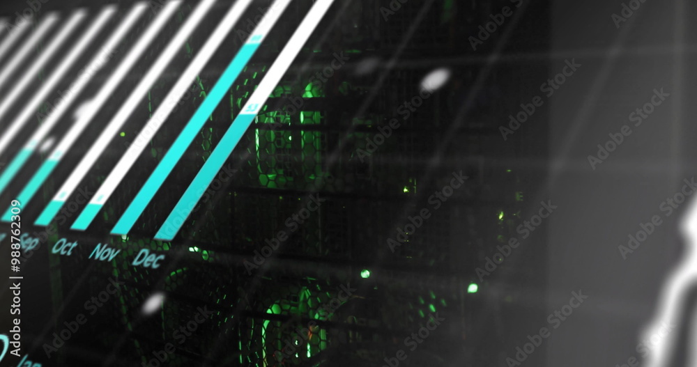 Poster data processing image over green-lit servers with diagonal lines and calendar