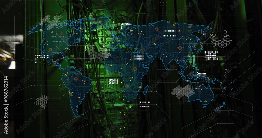Poster world map with data points and network connections image over server room