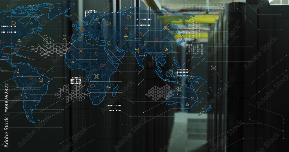 Poster global network connections and data processing image over server racks in data center