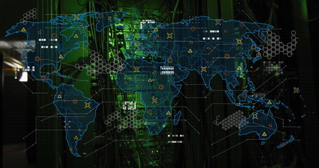 World map with data points and network connections image over server room background
