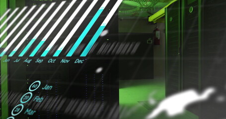 Data processing image over servers in green-lit data center