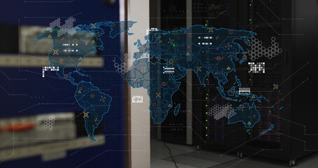 World map with data points and network connections image over server room