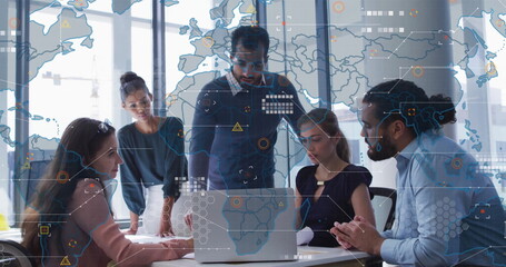 Image of financial data processing over diverse business people in office