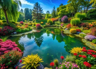 Tranquil Garden Ponds Surrounded by Lush Greenery and Colorful Floral Blooms in a Serene Setting