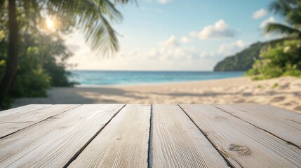 Fototapeta premium stylish white wood table top with a blurry beach background, perfect for a product showcase or presentation in a serene setting