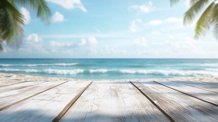 stylish white wood table top with a blurry beach background, perfect for a product showcase or presentation in a serene setting