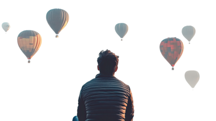 A colorful illustration of a child and a boy joyfully holding balloons as they float in the sky, surrounded by clouds and a hot air balloon, capturing a sense of adventure and fun