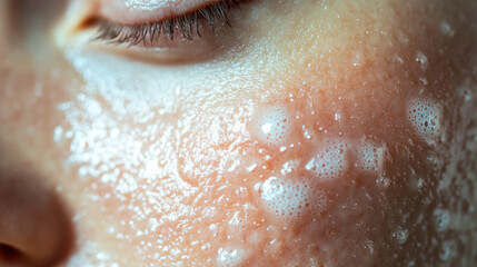 Close-up of a person applying facial cleanser with foam on their skin during a skincare routine in a well-lit bathroom setting