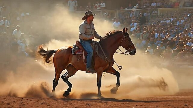 Cowboy Riding Horse Through Dust Cloud at Rodeo Event