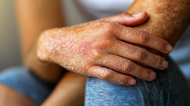 Dry and flaky skin on a person's hand resting on a knee in an indoor setting during daylight hours, highlighting skin condition and texture