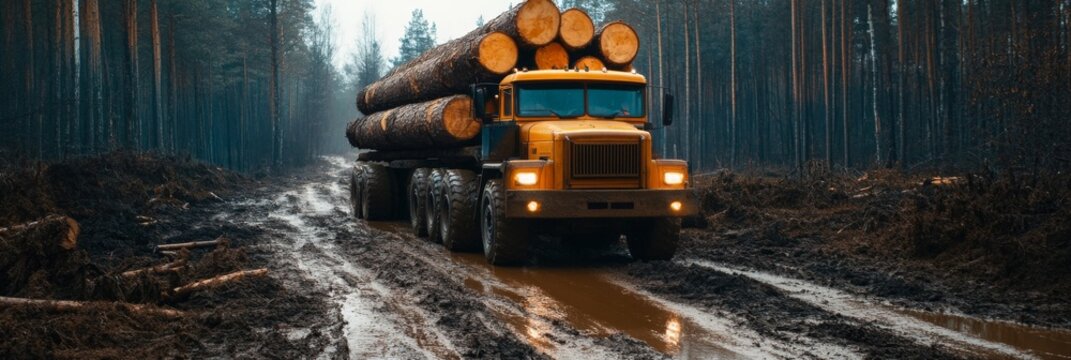 Sturdy and rugged log truck is successfully navigating muddy forest road while carrying timber logs