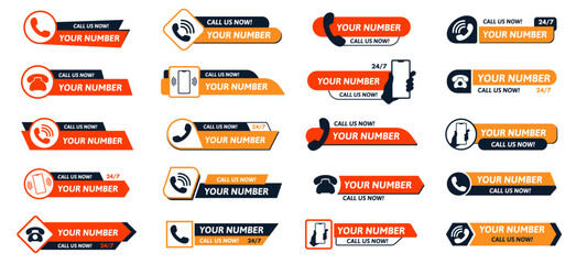 Contact banner with phone number. Call us now buttons, mobile number label badge with phone icon. Customer support call-to-action buttons template vector set