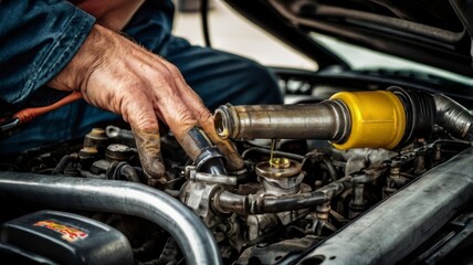 Engine oil check by mechanic close-up