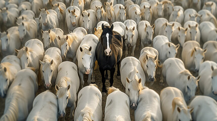 Black horse standing out in a herd of white horses