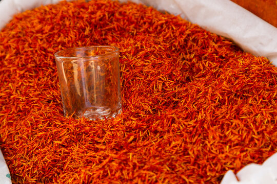 Shafran spice on the bazaar in an Arab country. A healthy addition to food, dried seasoning.