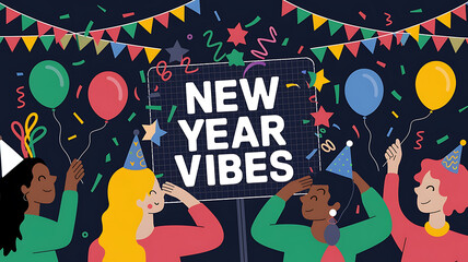 Happy diverse friends celebrate New Year with confetti and balloons,  joyful and colorful illustration. 
