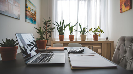 Fototapeta premium Modern home office workspace with laptop, plants, and natural light, evoking productivity and tranquility. 
