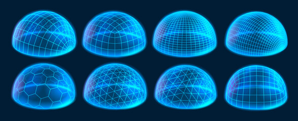 Wireframe dome shields. Secure protection field, digital holographic domes and glowing 3D hemisphere grids. Bubble cover and futuristic safety barrier with glow effect vector set © WinWin