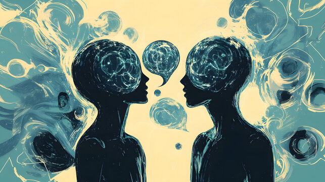 healthy relationship deep conversation vulnerable confusion social concept 2 person communication chat bubbles minds artwork digital painting illustration mental health two human beings communicating 