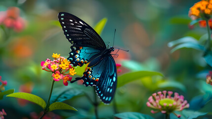 Vibrant Blue Butterfly on Colorful Flower