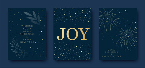 Obraz premium Set of Happy New Year and Merry Christmas greeting cards with fireworks. Winter vector illustration.