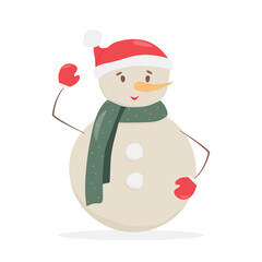 Cute snowman in a hat and scarf. Christmas card. Vector flat cartoon illustration. 