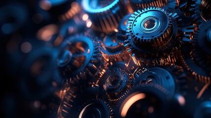 Intricate Bronze and Silver Gears Design: Perfect as a Poster for a Dynamic Sports Interior with a Cool Blue Hue against a Dark Backdrop