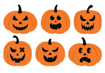 Set of six Jack O' Lantern pumpkins with spooky and playful faces, perfect for Halloween decorations, invitations, and crafts. Each pumpkin features a unique expression, adding festive charm. Harvest.