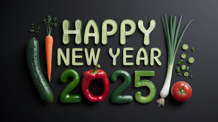 Naklejka premium Green and red vegetables forming Happy New Year 2025 New Year's greeting card design. 