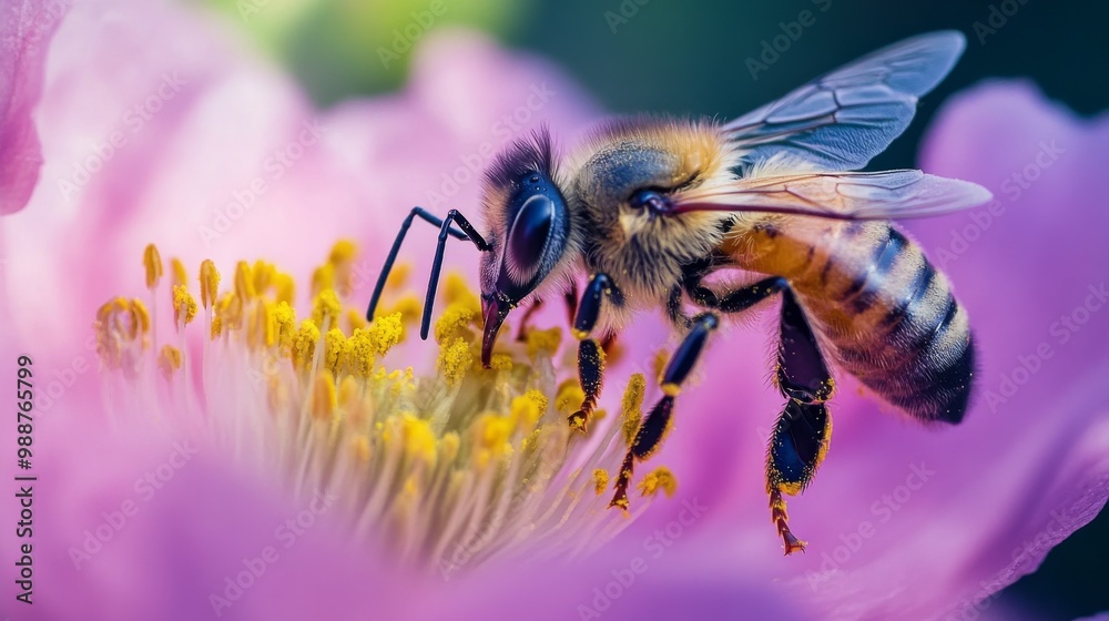 Aufkleber a close-up of a bee collecting nectar from a blooming flower, with its fuzzy body covered in pollen,