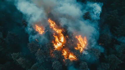 Obraz premium A forest fire is raging through a forest, with smoke billowing into the sky