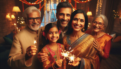 Festive Diwali Celebration: Indian Family in Traditional Attire Enjoying the Festival of Lights at Home with Sparklers, Warm Smiles, and Beautiful Decorations | Family Gathering with Grandparents and