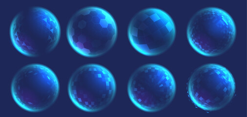 Wireframe sphere shields. Glowing digital bubble, secure 3D grid circle shield and holographic barrier spheres. Futuristic protection field isolated vector set