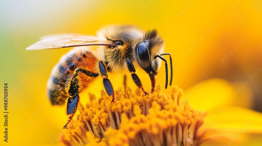 Poster a close-up of a bee collecting nectar from a blooming flower, with its fuzzy body covered in pollen,