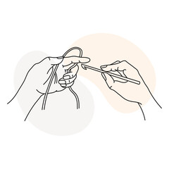 Fototapeta premium Knitting icon, female hands with hook and thread. Line art, sketch, clip art, vector
