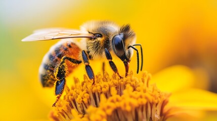 A close-up of a bee collecting nectar from a blooming flower, with its fuzzy body covered in pollen, emphasizing the role of insects in the ecosystem.