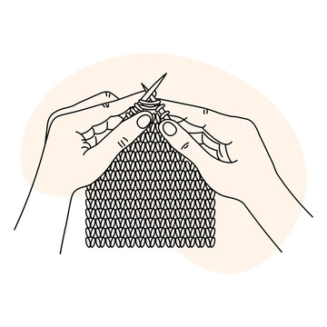 recommend clip art: Knitting icon, hands with knitting needles and threads. Line art, sketch, clip art, vector