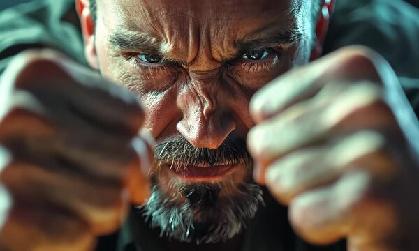 A man with a beard and a scowl on his face is punching the air 4K Video