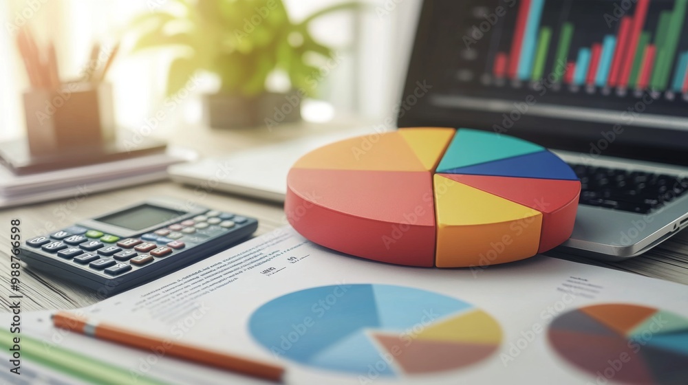 Leinwandbilder a close-up of a colorful 3d pie chart displayed on a laptop screen, with financial documents and a c