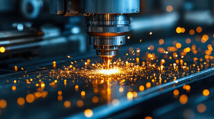 Laser cutting sparks fly during precision metalwork in an industrial workshop setting at dusk