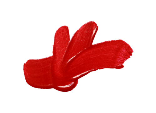 Close up vibrant red paint stroke set against with transparent image of PNG format extension.