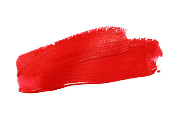 Close up vibrant red paint stroke set against with transparent image of PNG format extension.