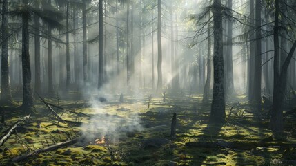 Obraz premium A dense pine forest in the early morning fog